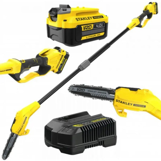 Stanley Attrezzature da giardino - Motosega da potatura a batteria 18V 20 cm, 1 batteria Li-Ion da 4,0 Ah, caricabatterie SFMCPS620M1-QW